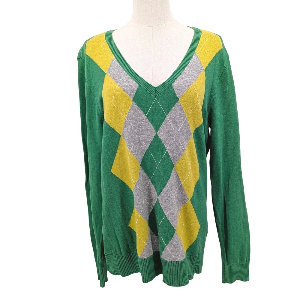 Izod Argyle V-Neck Sweater Women's L‎ Green Yellow Gray Preppy Retro Golfcore